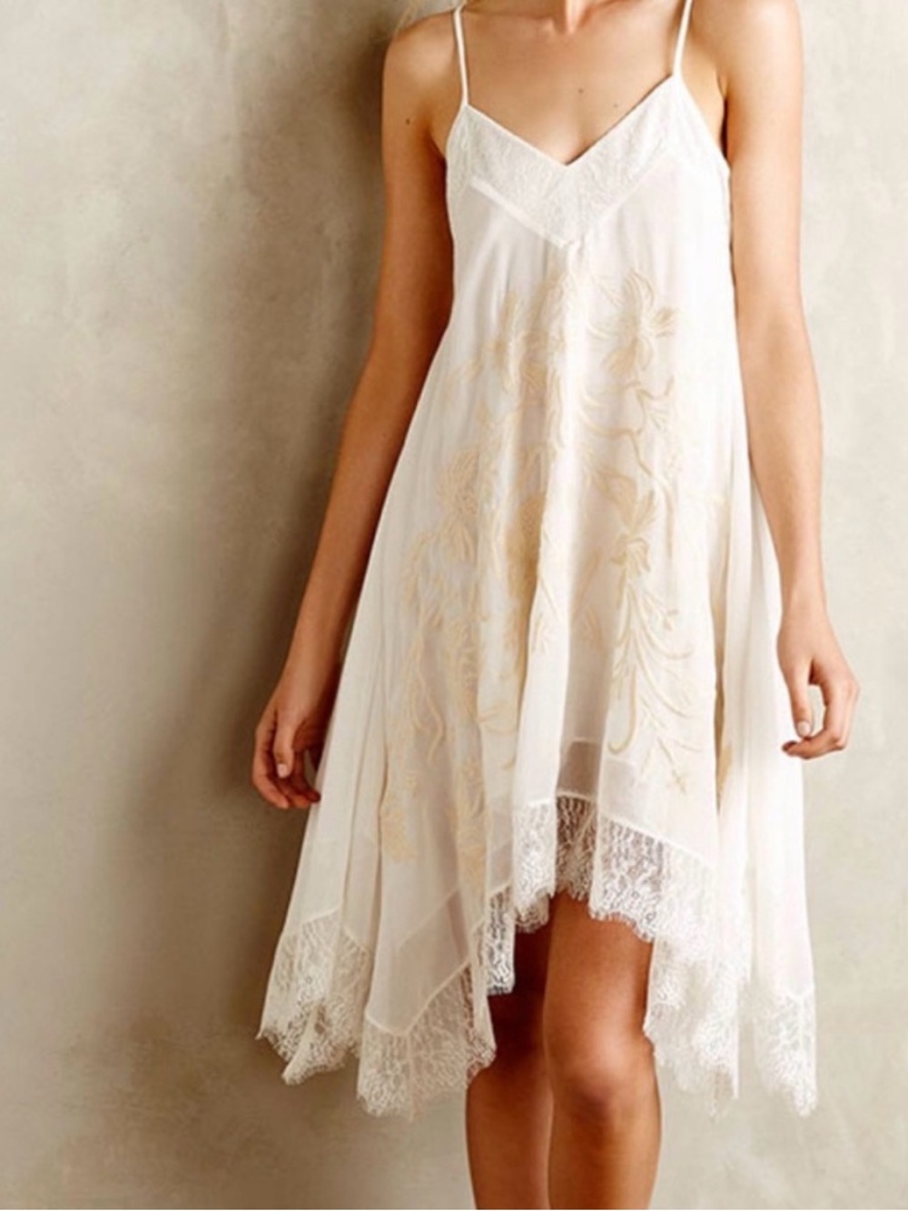 Anthropologie Ivory Lace-Trim Slip Dress